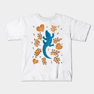 Blue crocodile and brown leaves Kids T-Shirt